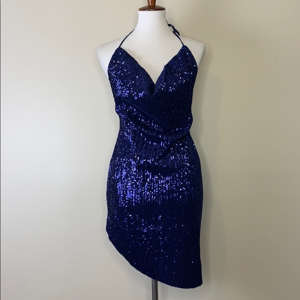 BLITHE Blue Halter Sequins Mini Assymetric Dress